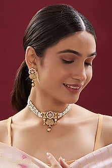 Gold Finish Kundan Polki & Pearl Temple Choker Necklace Set