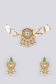 Gold Finish Kundan Polki & Pearl Temple Choker Necklace Set