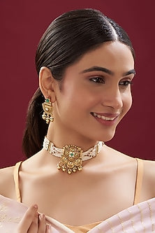 Gold Finish Kundan Polki & Pearl Temple Choker Necklace Set