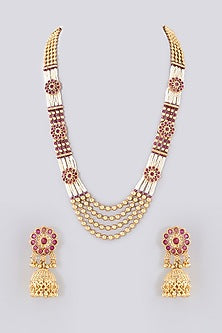 Gold Finish Kundan Polki & Beaded Temple Mala Set
