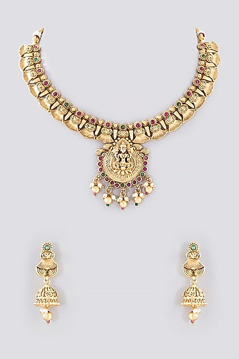 Gold Finish Kundan Polki Temple Necklace Set