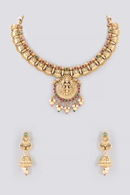 Gold Finish Kundan Polki Temple Necklace Set