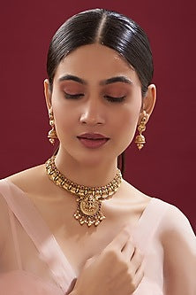 Gold Finish Kundan Polki Temple Necklace Set