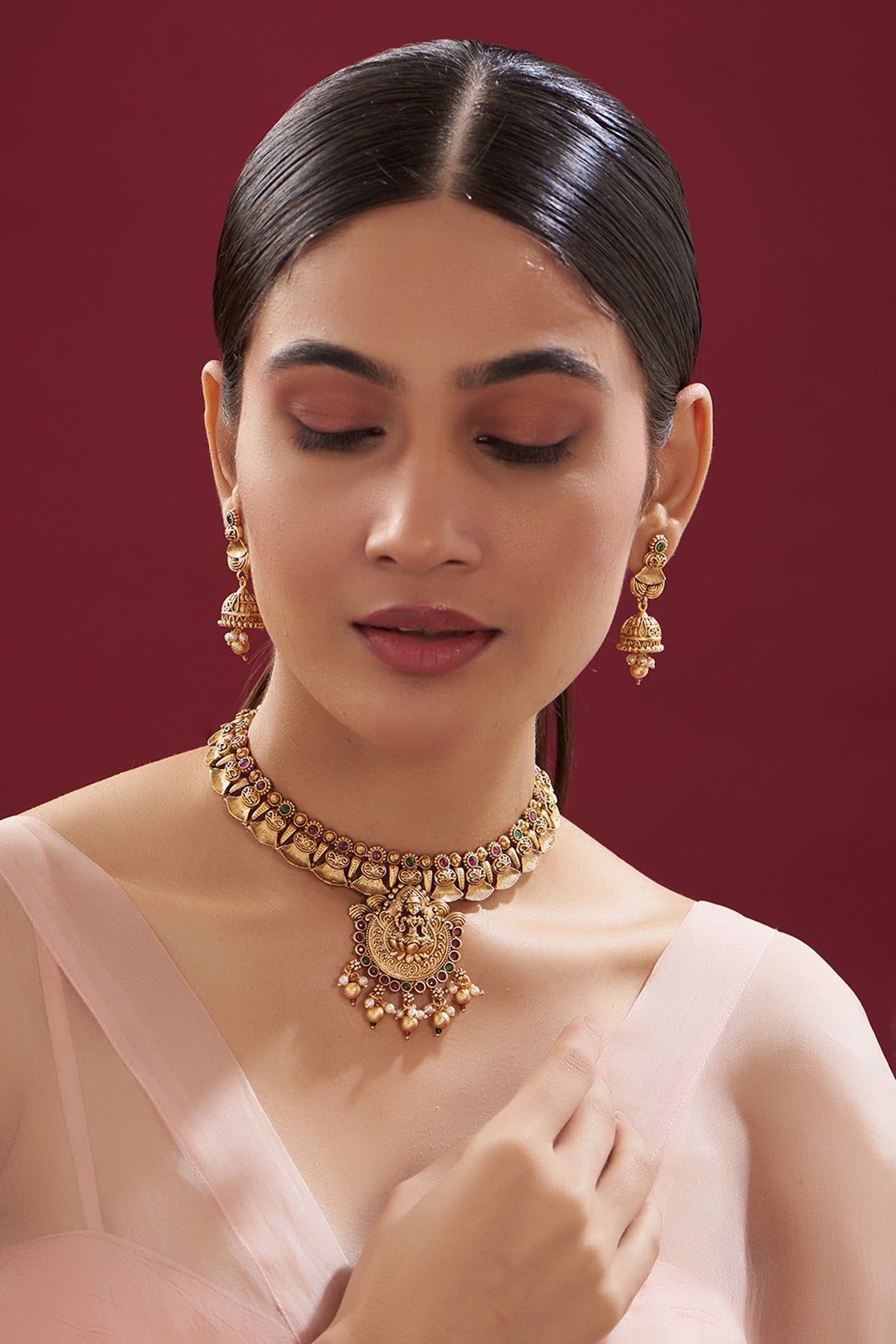 Gold Finish Kundan Polki Temple Necklace Set