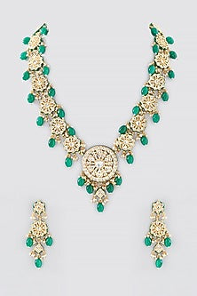 Gold Finish Kundan Polki & Green Beaded Long Necklace Set