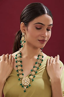 Gold Finish Kundan Polki & Green Beaded Long Necklace Set