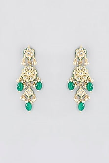 Gold Finish Kundan Polki & Green Beaded Long Necklace Set