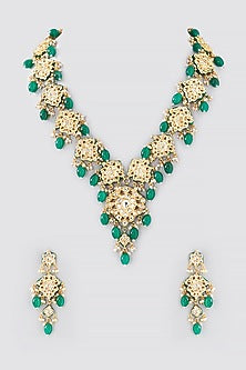 Gold Finish Kundan Polki & Green Beaded Long Necklace Set