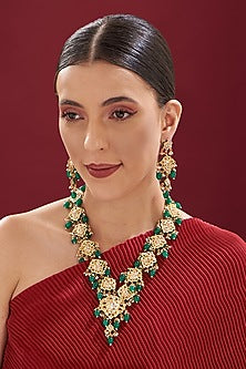 Gold Finish Kundan Polki & Green Beaded Long Necklace Set