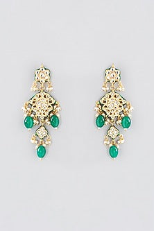 Gold Finish Kundan Polki & Green Beaded Long Necklace Set