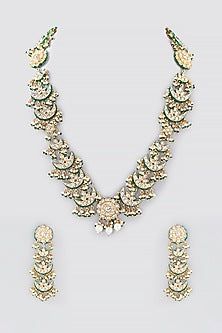Gold Finish Kundan Polki & Green Beaded Long Necklace Set
