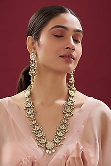 Gold Finish Kundan Polki & Green Beaded Long Necklace Set