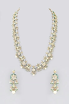 Gold Finish Kundan Polki & Green Beaded Long Necklace Set