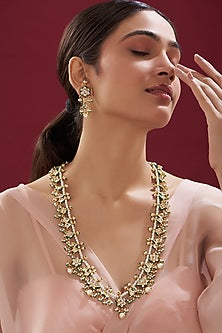Gold Finish Kundan Polki & Green Beaded Long Necklace Set