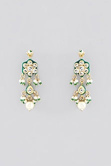 Gold Finish Kundan Polki & Green Beaded Long Necklace Set