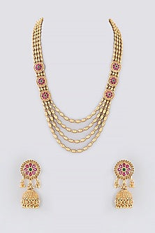 Gold Finish Kundan Polki & Ruby Temple Mala Set
