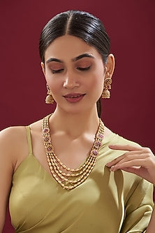 Gold Finish Kundan Polki & Ruby Temple Mala Set