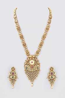 Gold Finish Kundan Polki & Ruby Long Temple Necklace Set