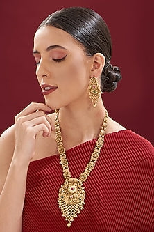 Gold Finish Kundan Polki & Ruby Long Temple Necklace Set
