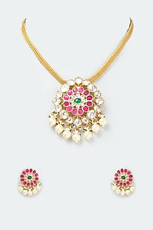 Gold Finish Kundan Polki & Red Stone Necklace Set