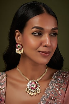 Gold Finish Kundan Polki & Red Stone Necklace Set