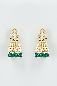 Gold Finish Kundan Polki Jhumka Earrings With Maang Tikka
