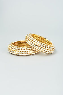Gold Finish Kundan Polki & Pearl Bangles (Set of 2)