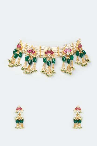 Gold Finish Kundan Polki & Green Beaded Choker Necklace Set