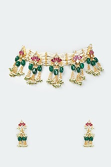 Gold Finish Kundan Polki & Green Beaded Choker Necklace Set