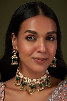 Gold Finish Kundan Polki & Green Beaded Choker Necklace Set