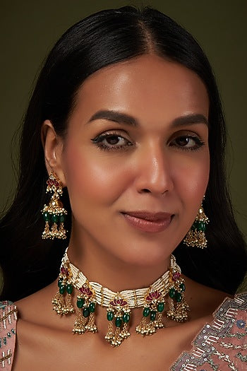 Gold Finish Kundan Polki & Green Beaded Choker Necklace Set