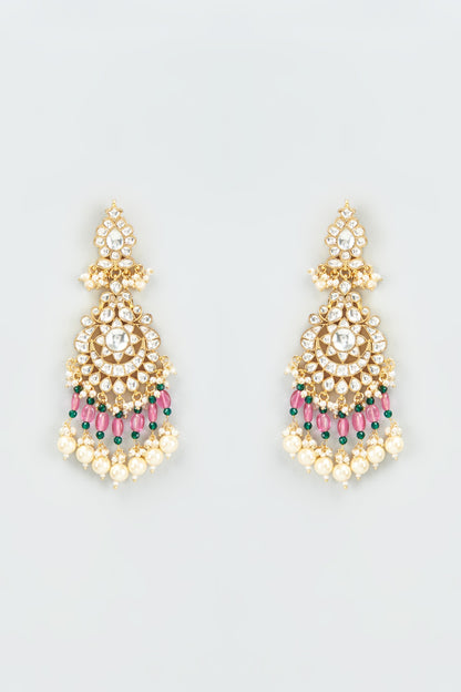 Gold Finish Kundan Polki Chandbali Earrings With Maang Tikka