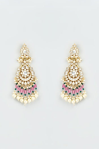 Gold Finish Kundan Polki Chandbali Earrings With Maang Tikka
