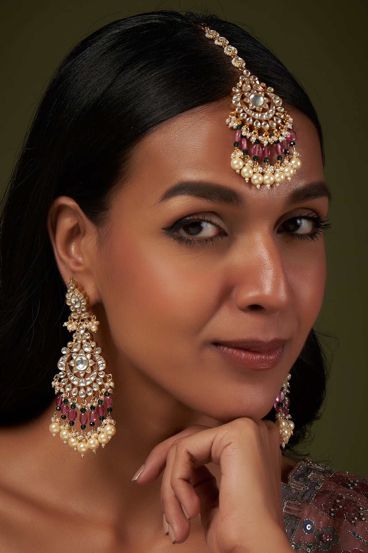 Gold Finish Kundan Polki Chandbali Earrings With Maang Tikka