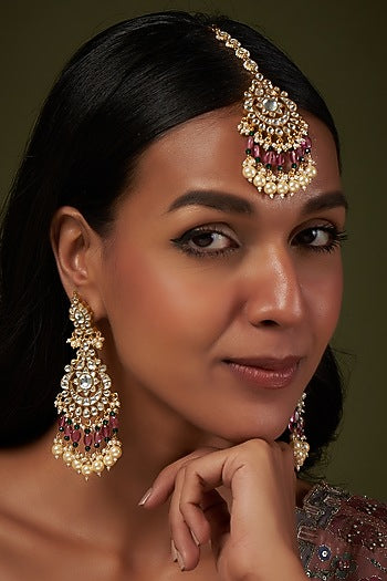 Gold Finish Kundan Polki Chandbali Earrings With Maang Tikka