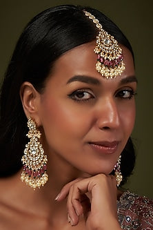 Gold Finish Kundan Polki Chandbali Earrings With Maang Tikka