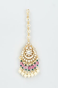 Gold Finish Kundan Polki Chandbali Earrings With Maang Tikka