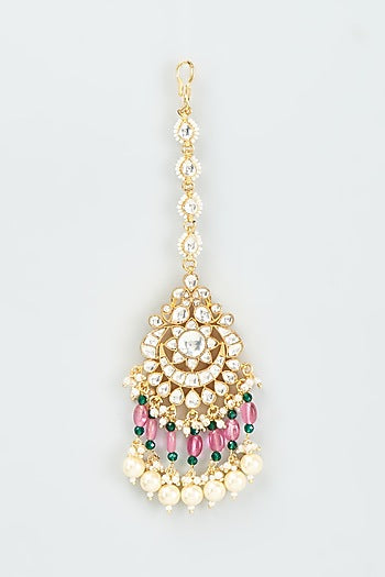 Gold Finish Kundan Polki Chandbali Earrings With Maang Tikka