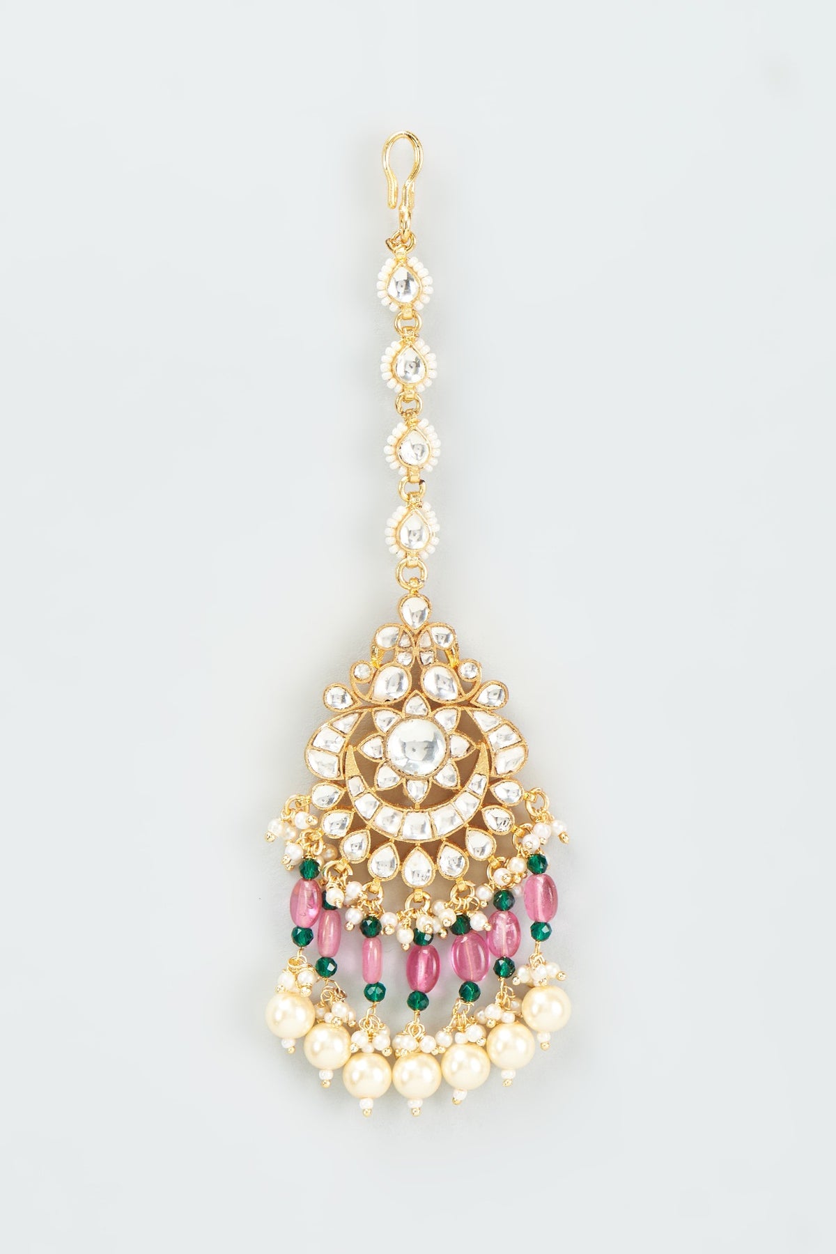 Gold Finish Kundan Polki Chandbali Earrings With Maang Tikka