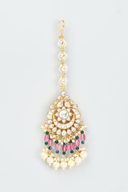 Gold Finish Kundan Polki Chandbali Earrings With Maang Tikka
