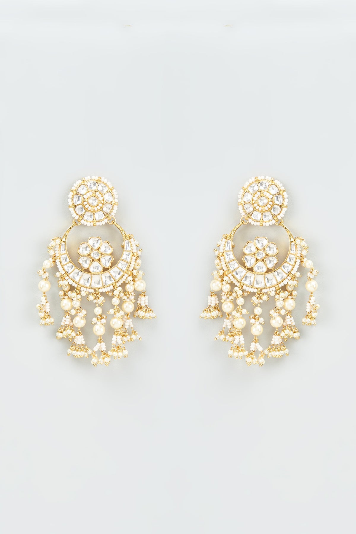 Gold Finish Kundan Polki & Pearl Chandbali Earrings