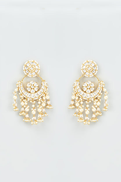 Gold Finish Kundan Polki & Pearl Chandbali Earrings