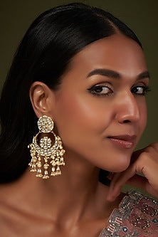 Gold Finish Kundan Polki & Pearl Chandbali Earrings