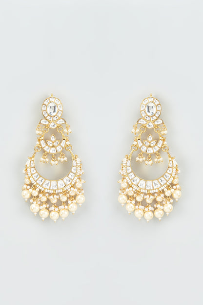 Gold Finish Kundan Polki & Pearl Chandbali Earrings