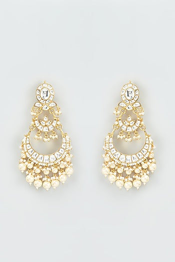 Gold Finish Kundan Polki & Pearl Chandbali Earrings