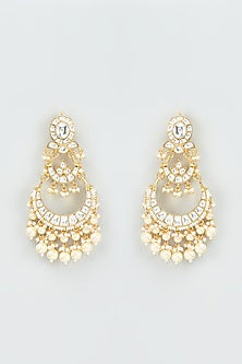 Gold Finish Kundan Polki & Pearl Chandbali Earrings