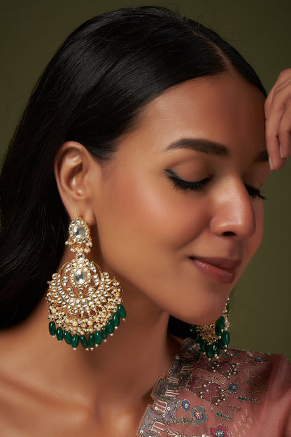 Gold Finish Kundan Polki & Beaded Chandbali Earrings