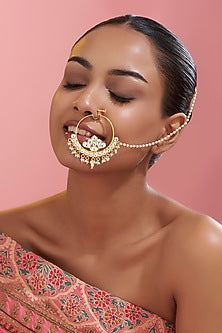 Gold Finish Kundan Polki & Pearl Nose Ring