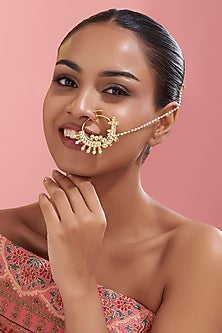 Gold Finish Kundan Polki & Pearl Nose Ring