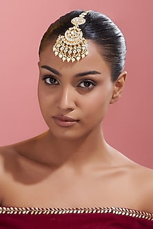 Gold Finish Kundan Polki & Pearl Maang Tikka
